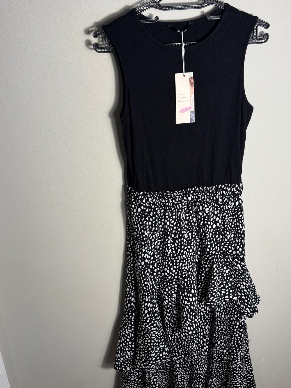 Women’s‎ Black White Spotted Tiered Ruffle Front Slit Sleeveless Midi Dress NWT